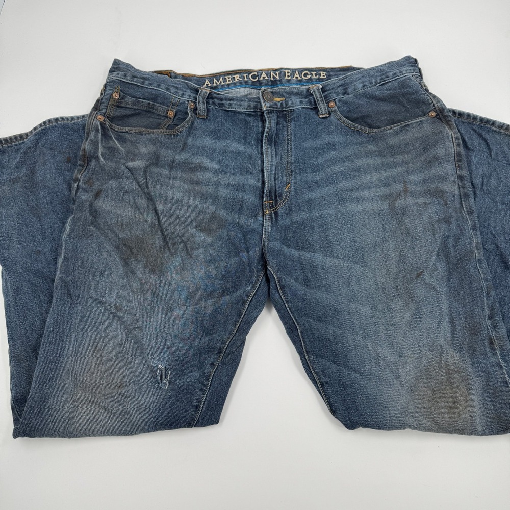 American Eagle Slim Straight Jeans Mens 38x32 Blue Distressed Stained Heavy Wear